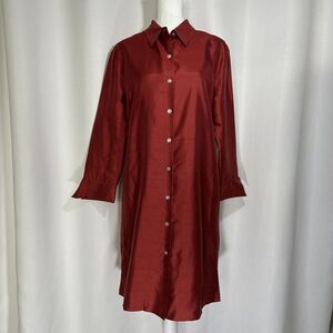 Silkland Women's Medium Red 100% Silk Button Down Lined Long Sleeve Shirt Dress